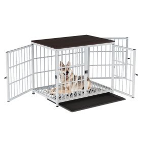 Heavy Duty Dog Kennels Metal Wooden Dog Crate End Table Furniture Style Pet Cage with Three Doors and Removable Tray (Color: White, size: M)