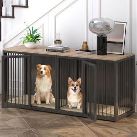 Large Dog Crate Furniture for 2 Dogs, 71.6'' Steel Frame Dog Crate with Double Doors, Heavy Sturdy Dog Kennel for Medium Large (Color: Black)